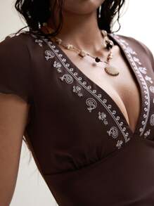 Easelle Vacation Boho Rave Outfits Festival Embroidered Deep V-Neck Bodycon Two Pieces For Women - Black - View 10