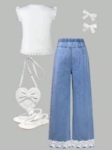 2 Stücke/Set, Tween-Mädchen Sommer Outfit, bestehend aus weißem ärmellosen Top mit Schleife und weiter Jeans Schlupfhose, Lässig