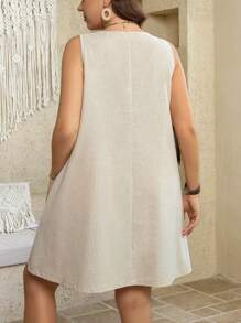 SHEIN LUNE 大码无袖纯色圆领夏季时尚连衣裙，波西米亚风女装，节日优雅装扮，A 字裙，女士夏季服装，亚麻连衣裙，亚麻面料，实用口袋，迷你裙，纯色，端庄连衣裙，女士纯色简约休闲日常迷你裙，简约女装，通勤简约办公室复古风衬衫，浪漫优雅，优雅时尚的通勤装，母亲节