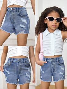 SHEIN Young Girls Light Wash Denim Shorts With Ripped Details And Frayed Hem - Light Wash - View 2