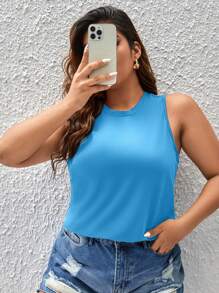 SHEIN LUNE Plus Size Women's Solid Crew Neck Casual Versatile Tank Top - Mint Blue - View 4