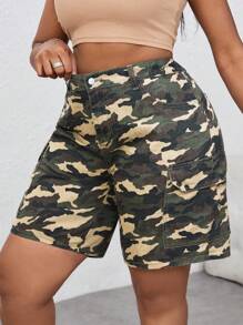 SHEIN PETITE CURVE 加大码女式迷彩牛仔宽松直筒百慕大短裤夏季女士度假女式牛仔西部装 - 軍綠色 - 查看 5