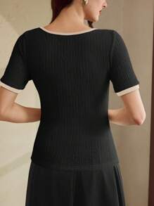 Vintamour 女士复古经典优雅T恤，修身撞色蝴蝶结短袖T恤，杏色，适合春季、夏季假日节日外出、商务休闲、教师等场合。 - 黑色 - 查看 2