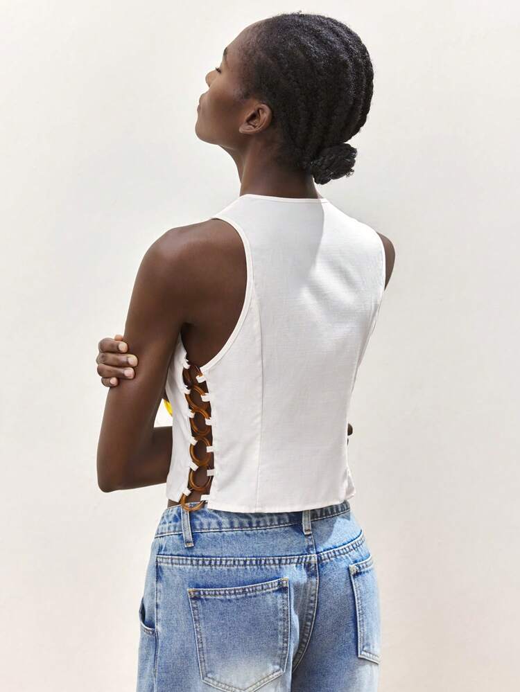 SHEIN Maija Women's White Solid Color V-Neck Zipper Placket Side Waist O-Ring Connecting Minimalist Fashion Beach Vacation Fitted Cropped Tank Top, Summer