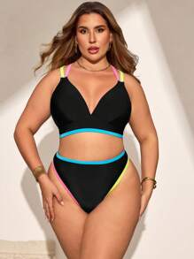 SHEIN Swim Curve Plus Size Color Block Bikini Swimsuit Set, Vacation Style For Summer - Black - View 2