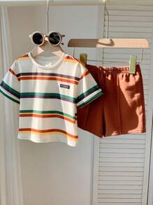 SHEIN 2 pièces Ensemble Top à manches courtes rayé mignon et short à taille élastique pour bébé garçon - Multicolore - Voir 5