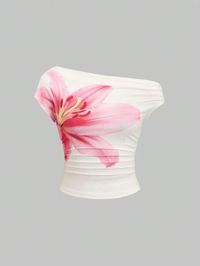 Sweetra Women's Elegant Floral Print Asymmetrical Neck Ruched Top