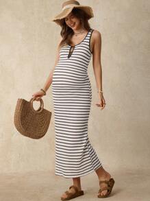 SHEIN 孕妇夏季休闲条纹工字背开衩连衣裙 - 黑與白 - 查看 8