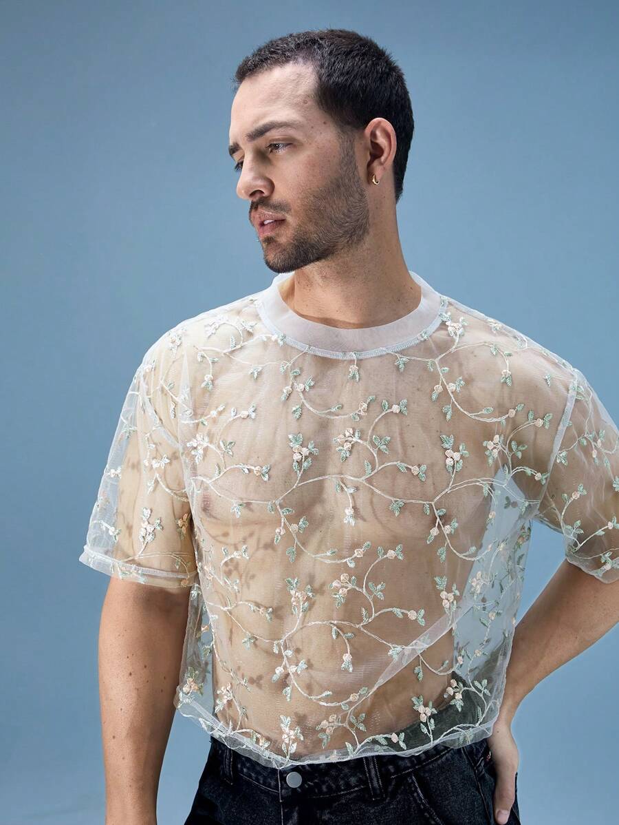 FeverCity Men's Loose Fit Round Neck Embroidered Mesh Short Sleeve T-Shirt - Apricot - View 1