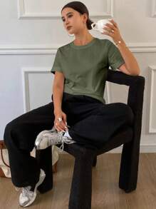 Livesso 女士纯色短袖T恤，适合夏季的时尚 - 軍綠色 - 查看 3