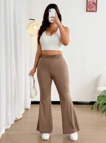 Flirla Pantalones rectos de talla grande de cintura alta, de color marrón, elásticos y de ajuste cómodo, versátiles y