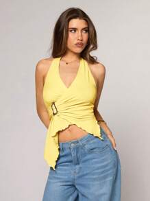 SHEIN BAE Women's Brown Irregular Hem Metal Buckle Decorated Sexy Women's Vest Is Suitable For Daily Outings, Commuting And Leisure, Afternoon Tea Parties,Summer Tops,Country Concert Outfit
