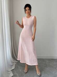 Selianne Fashionable Elegant Round Neck Sleeveless Rhinestone Decor Dress For Women - Pink - View 6