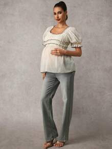 MaterniChic Pregnant Women Elegant Ruffled Short Puff Sleeve Fashionable Shirt, Summer Maternity Shirts - Apricot - View 3