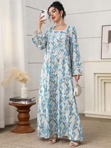 Women's Turkish Abaya & Arabian Traditional Maxi Dress, Modest Kaftan - Blue - View 4