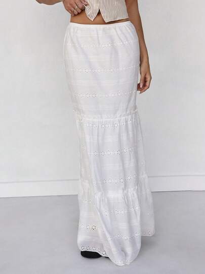 Roylia Elegant & Casual Hollow Embroidered Ruffle Hem Skirt