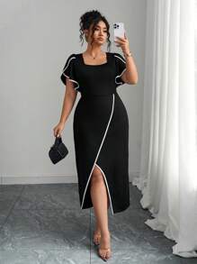Elenzga Plus Size Color Block Dress With Contrast Trim, Fashionable Summer Wear - Black - View 3