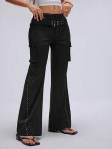 TRNVIE Y2K Style Low Waist Double Belt Micro-Flare Leg Pants, Spring/Summer Fall Cloth For Women - Black - View 5
