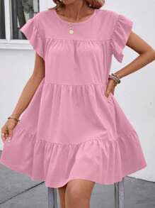 Breezaya Đầm babydoll rộng rãi cổ tròn màu trơn mùa hè cho nữ có viền bèo nhún trang phục đi biển - Hồng - Xem 3