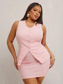 SHEIN SXY Conjunto elegante y sexy para mujer de talla grande: Top ajustado sin mangas de unicolor + Falda lápiz a juego, para primavera y verano