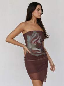 Roylia Women Mesh Overlay Strapless Printed Split Hem Bodycon Mini Dress, Casual Streetwear Elegant Dress For Daily, Party, Music Festival - Chocolate Brown - View 5