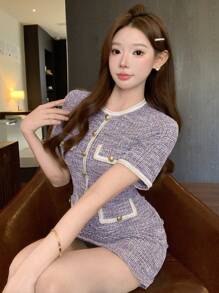 DAZY Đầm nữ mùa hè mới kẻ sọc cổ tròn tay ngắn thanh lịch, Đầm mini - Màu tím - Xem 6