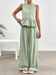 SHEIN EZwear 2pcs Women Green Plaid Woven Crop Top With Ruffle Hem And Pants Set - Green - View 9