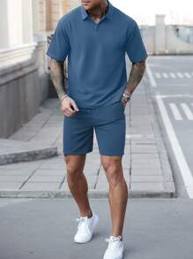 Manfinity CasualCool Conjunto de camisa polo de manga corta y pantalones cortos de unicolor informal para hombre, de verano
