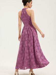 Aveloria Rosie 优雅花卉提花镂空雪纺立领收腰连衣裙，适合度假、浪漫、淑女 - 紫色 - 查看 2