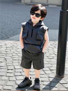 2pcs Set Young Boy Plain Hoodie And Shorts - Grey - View 1