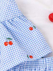 SHEIN Vintaside Kids Young Girl Plaid Cherry Print Camisole Top And Shorts Set, Summer Cool And Comfortable Outfit For Outdoor Activities Summer Holiday