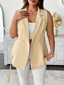 SHEIN Clasi 大码女式春夏法式时尚优雅休闲度假/通勤纯色西装外套双排扣后背蝴蝶结腰部喇叭形 A 字形无袖衬衫 - 黃色 - 查看 4