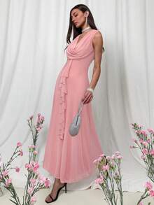 Aloruh Đầm dài cổ xếp nếp trơn thanh lịch cho nữ mùa hè - Hồng - Xem 6