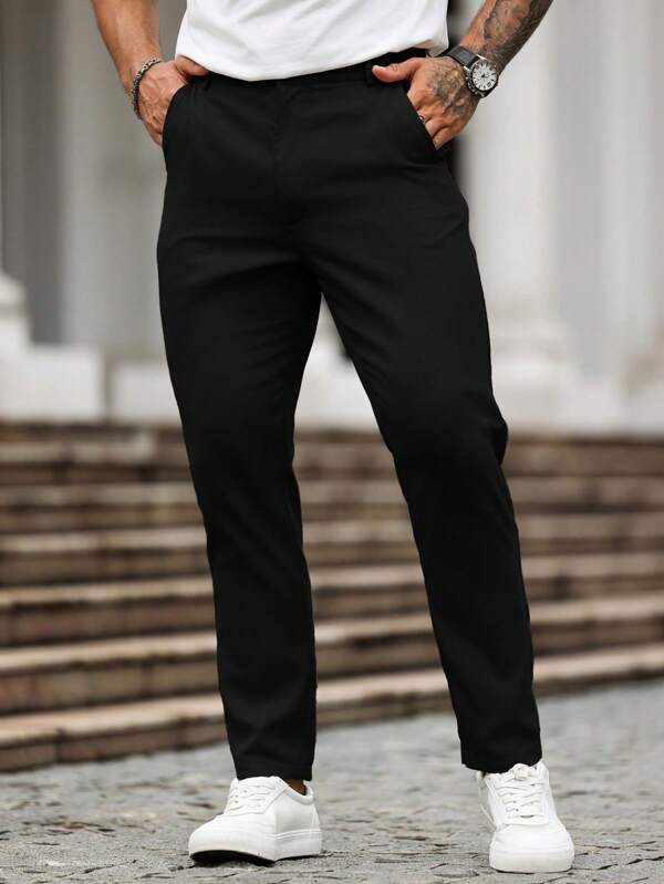 Manfinity Bizformal Pantaloni casual cu buzunare pentru bărbați, de culoare uni, cu picioare drepte