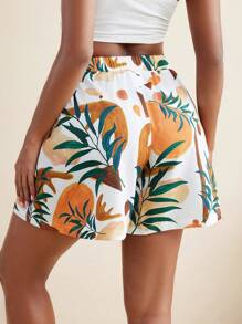 EBIB Blossom Drift Abstract Tropical Floral Printed Elastic Waist A-Line Shorts Women Vacation