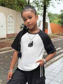 青少年女孩拼色插肩袖可爱猫咪印花短袖休闲 T 恤，返校季，母子装 - 黑與白 - 查看 4