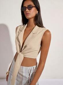 COSMINA Women's Solid Color Tie Waist Cropped Casual Shirt - Khaki - View 1