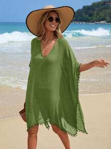 Swim Vcay Vestido cubre con mangas de murciélago y cuello en V de unicolor, atuendo de vacaciones para mujeres - Verde Oliva - Ver 4