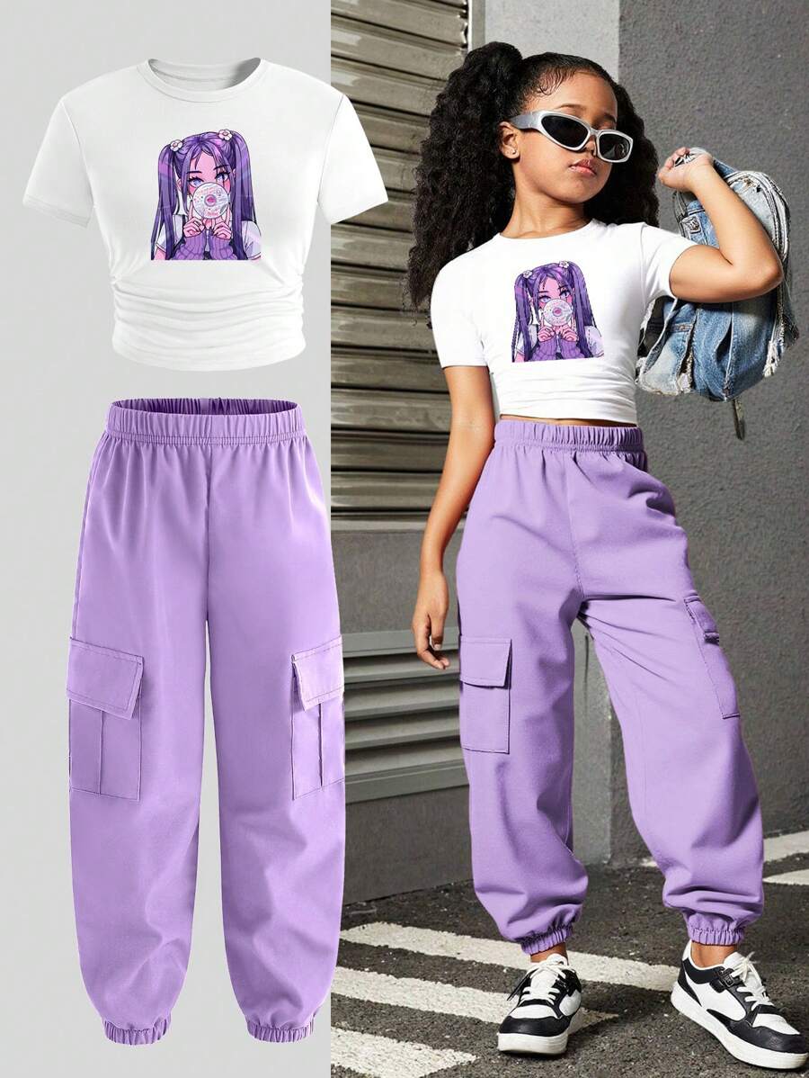 SHEIN Sparklyn 青少年女孩卡通人物印花圆领短袖 T 恤和休闲工装裤 2 件套 - 紫色 - 查看 1