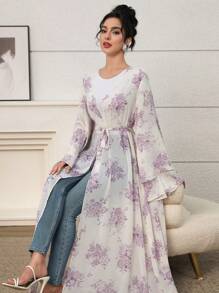 Yasmyna Women's Elegant Floral Print Loose Long Sleeve Side-Slit Abaya, Modest Robe