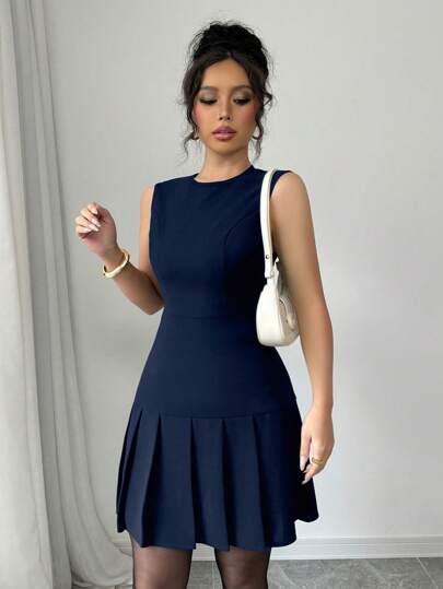 Elenzga Vestito blu mini da donna casual elegante senza maniche con balza, aderente, adatto per compleanni, feste di Natale, Capodanno, vacanze, cocktail