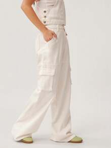 WESTFADE Western Spring 高腰宽松宽松缝线可爱工装牛仔裤 - 白色 - 查看 5