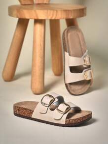 Mini mi Sandalia de corcho con hebilla grande y suela de PU negro como la mejor vendedora, con soporto del arco, versátil y cómoda para niños