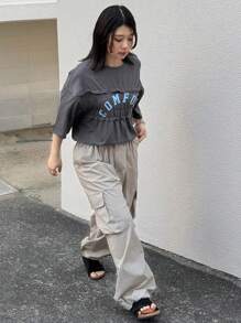 FRIFUL Women Vacation Contrast Trim Front Letter Colorblock Decor Round Neck Short Sleeve Casual T-Shirt, Summer Street Wear & Beach - Dark Grey - View 5