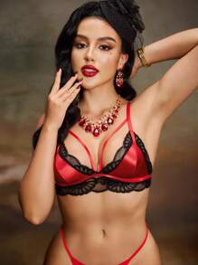 SHEIN Bra Lingerie Tanpa Jahitan Tanpa Kawat dengan Renda Kontras untuk Wanita - Hitam - View 7