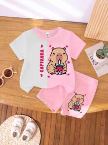 SHEIN Baby Girls Casual Fashion Creative Paddington Bear Colorblock Cute Cartoon Print Casual Short Sleeve T-Shirt And Shorts 2 Pieces Set, Sibling Outfits Matching Outfits (2 Sets Pieces Are Sold Separately) - Multicolor - View 5