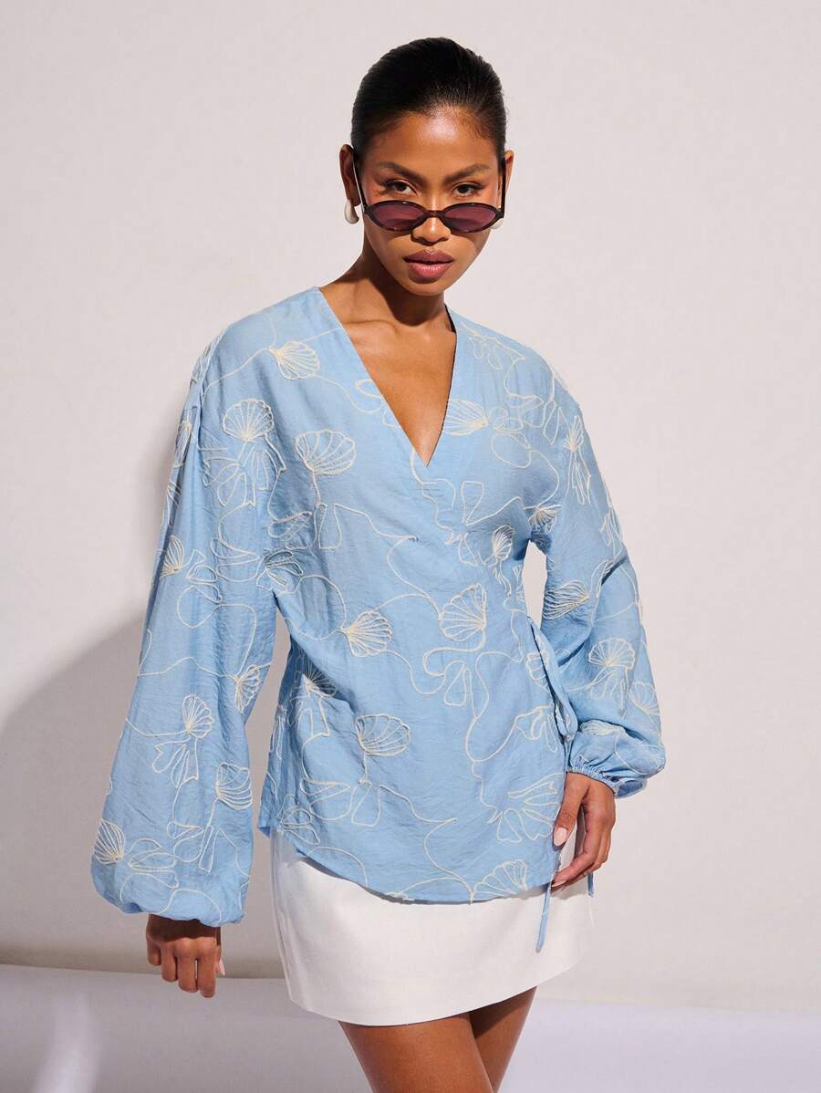 COSMINA 女式简约纯色长袖衬衫，波西米亚风，波西米亚风，波西米亚风 - 藍色 - 查看 1