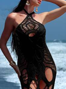 Swim SXY Springbreak Women's Elegant Black Crochet Mesh Knit Swimsuit Cover Up,Hollow Spaghetti Strap Sleeveless Summer Casual Beach Vacation Holiday - Black - View 4