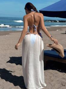 Swim SXY 女士三件套泳衣套装：浅蓝色面料三角形上衣，搭配蓝色花卉和白色蛋糕设计裙子，优雅的沙滩装