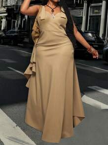 Slaydiva فستان ربيع/صيف 2025 للنساء الأنيق للذهاب للجامعة والشارع وحفلات الموسيقى وأعياد الميلاد، مناسب للتخرج والارتداء اليومي والتنسيق مع أي إطلالة، لون أرضي مكعب بخصر مناسب وذيل غير متماثل متجعد بمقاسات كبيرة